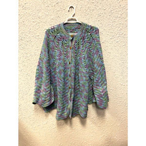 Homemade Crochet Afghan Button Down Overcoat Shaw Jacket Blanket Multicolor
